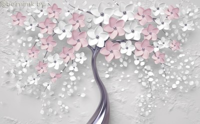 Фотообои De-Art Дерево 3Д розовые цветки серый фон